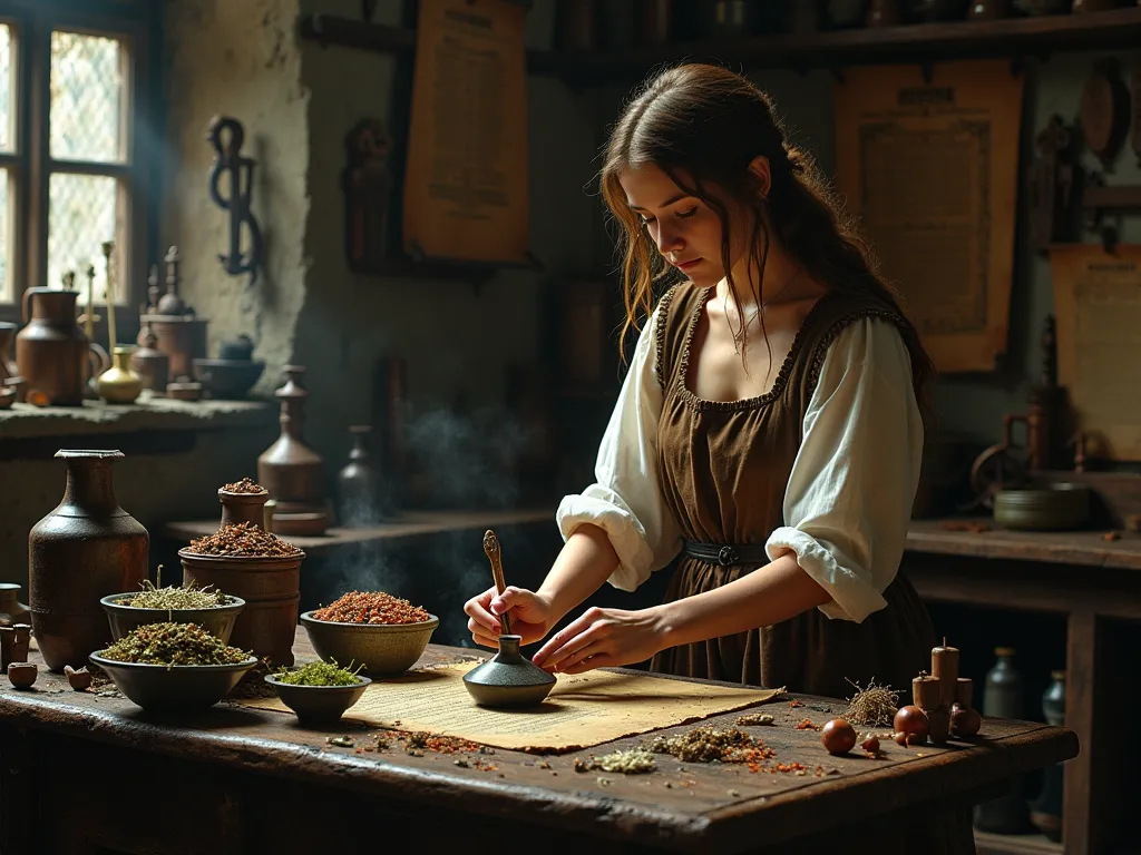  Medieval woman in simple peasant outfit, in the alchemy lab,  dishes and various herbs,   Masterpiece , concept art,  medium plan, panoramic,  alchemy lab interior,   on the walls, ancient manuscripts, instructions and various weapons,   mythical  ,   fan...