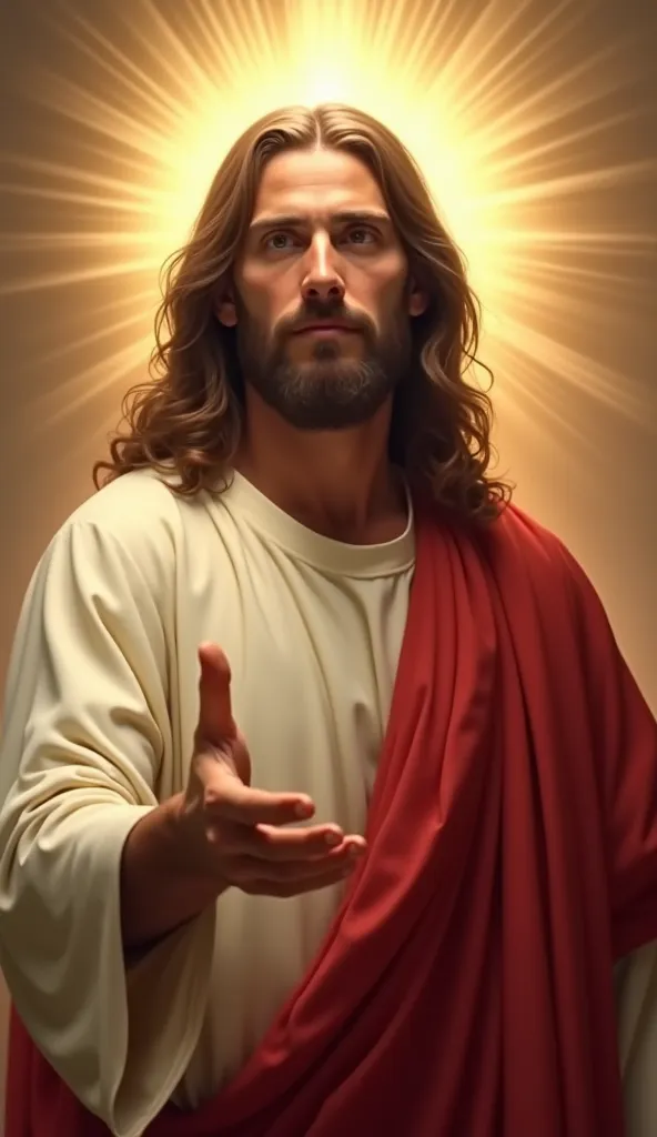 A man with long, wavy brown hair and a full beard, with a serene and welcoming gaze, representing Jesus Christ. He is wearing a flowing white tunic with a red sash, symbolizing divinity and sacrifice. A radiant golden light shines behind him, creating a ce...