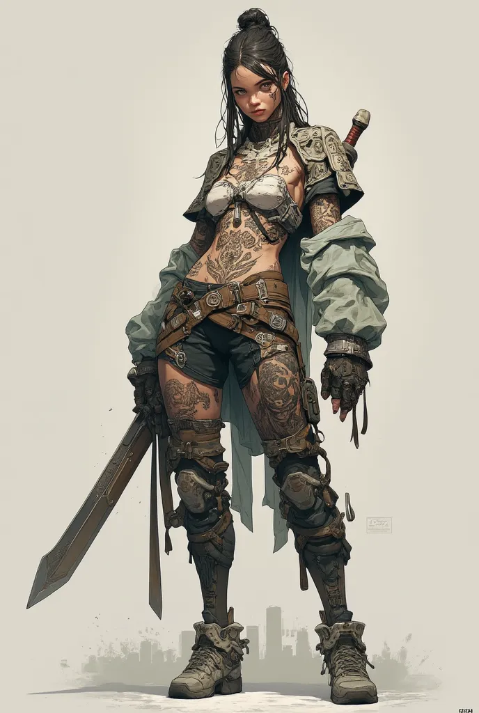 a girl with tattoos all over her body holding a thick sword