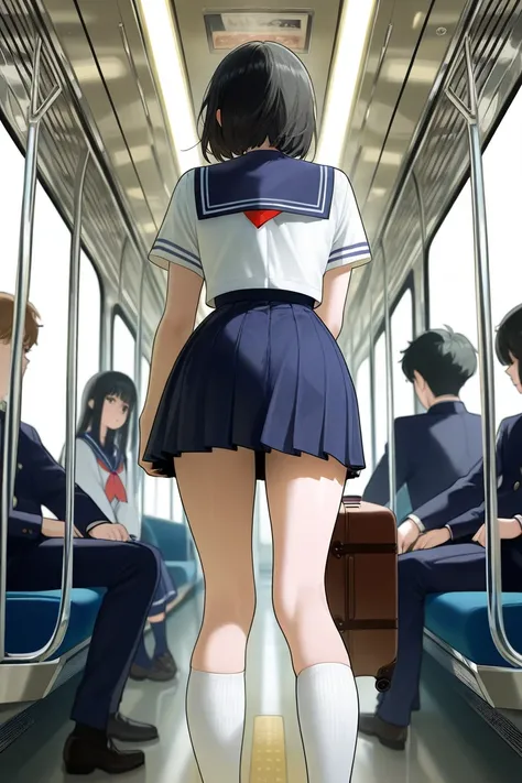 ((highest quality)), ((masterpiece)), a girl, school uniform, sailor suit, (towering), (long legs), in the train, bags, standing, black hair, hit her head to the ceiling, crowded with passengers