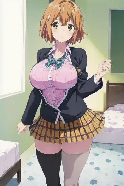 Koiwai Yoshino ,(masterpiece, best quality:1.2),2D, anime,  Anime art,  line art  , watercolor,loli, 1 girl , (orange hair), (large breasts:1.6),jacket,plaid,(school uniform),(short hair),skirt,Alone,thighhighs,(bed room)