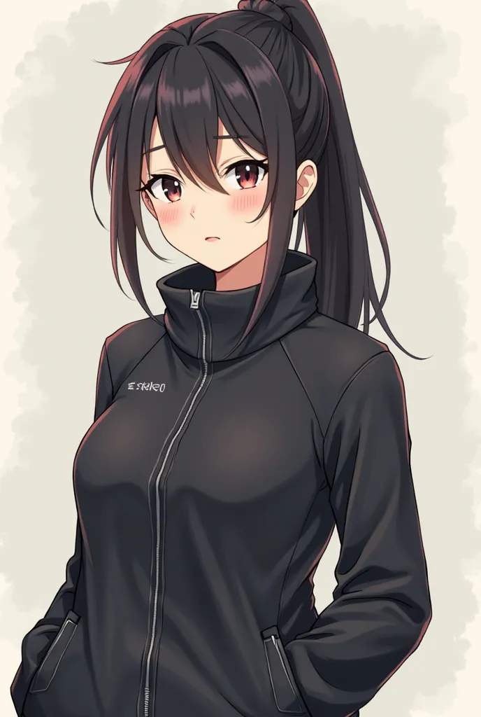 anime-style, cell shading, simple line art, female character, dark athletic jacket, high collar, zipper, subtle logo on chest, long sleeves, thumb holes, black hair, ponytail, soft facial features, confident expression, minimal makeup, warm skin tone, neut...