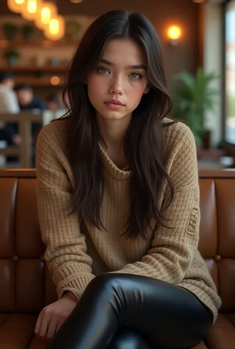 Generate an ultra-realistic model with brown skin, straight dark brown hair, green eyes, 
wearing a knitted sweater and leather pants, in a modern café.