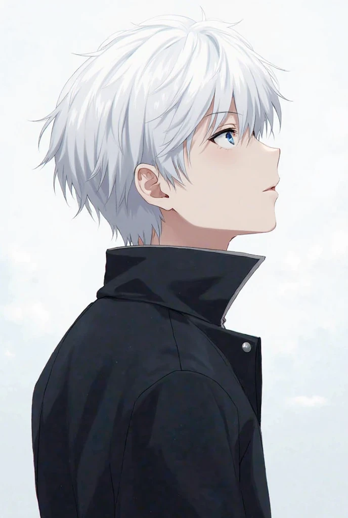 Subaru natsuki with white hair and black jacket looking at the sky show complete face and keep the background completely blank 