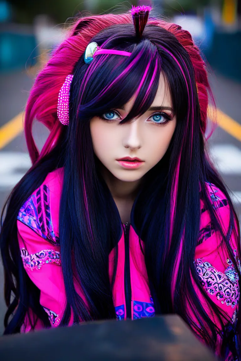 1girl, extremely detailed,8k, beautiful, detailed eyes,  (hair ornament, cube hair ornament, blue eyes, pink long hair, pink track jacket:1.2, bangs, hair between eyes), looking at viewer, close up, (elegant pose:1.2),strong dark colors, (depth of field), ...