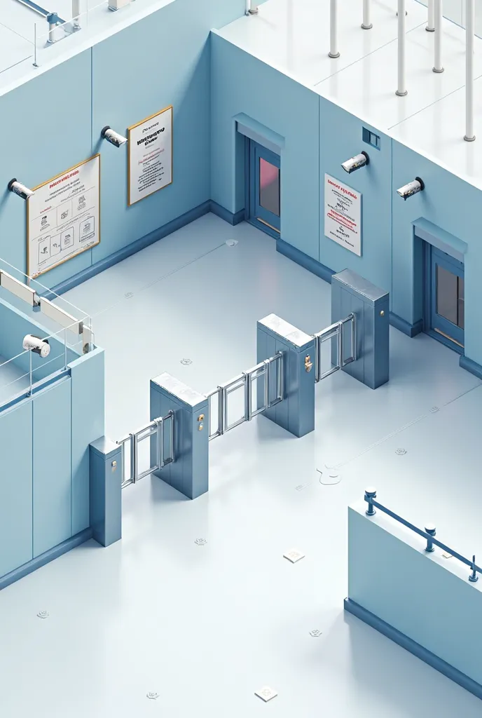 Flat isometric 3d education school college interior with barrier gate and camers