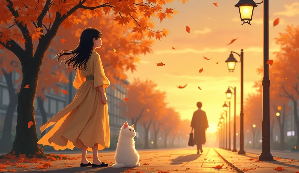 A semi-realistic illustration of a young woman standing alone under a streetlamp on a quiet city street at dusk, watching as a man walks away in the distance, his side profile fading into the golden haze of the setting sun. She wears a flowing Hanfu-inspir...