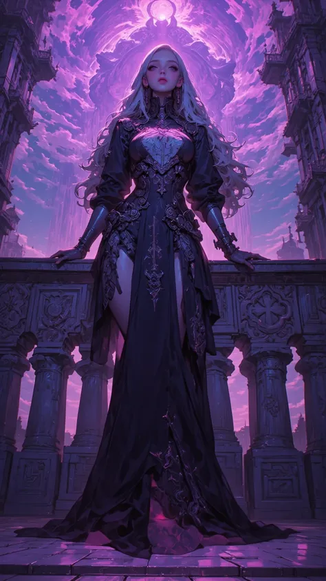 4K Anime Style Quality,digital painting mode,Seductive and Powerful Goddess,Long silver hair flowing in waves,Mysterious Purple Eyes,Elegant Black Dress,Exquisite Embroidery,Standing on the towering balcony of Freya familia,full body,Fascinating scene and ...