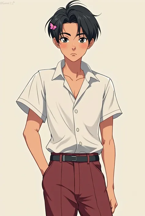 Create a disney sketch of male ager
Black neat-cut hair
Black eyes
Wearing a white short-sleeve uniform (first 3 buttons are open). Don’t tucked-in his polo just let it loose
Wearing a maroon slacks
He has a pink butterfly hairpin
Art style: Disney art sty...