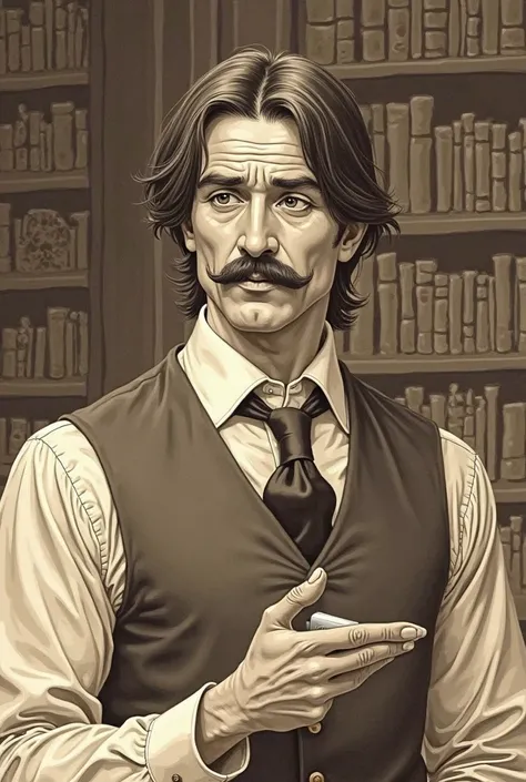 A semi-realistic illustration in sepia tones of an adult man, with straight hair and well-trimmed mustache, wearing an elegant suit with vest and tie. He has an attentive and intellectual expression, as if explaining a curious fact. The background environm...