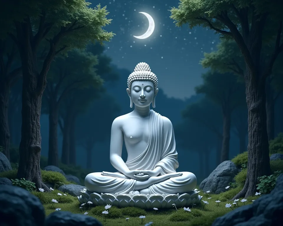 A white Buddha statue meditating quietly in the forest, under the stars and moonlight at night.