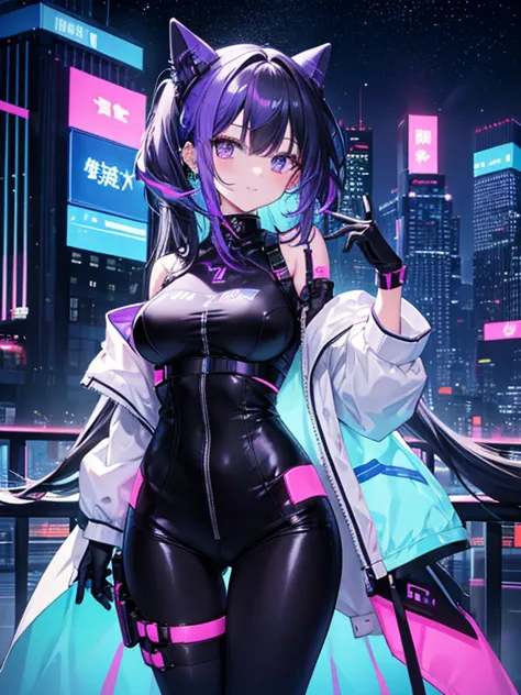 16～20-year-old female character。She has long, silky black hair and black eyes.、She has a well-defined figure with an F cup bust.。Has piercings in both ears。She wears clothes with a design that combines modern and futuristic styles.、She wears stylish clothi...