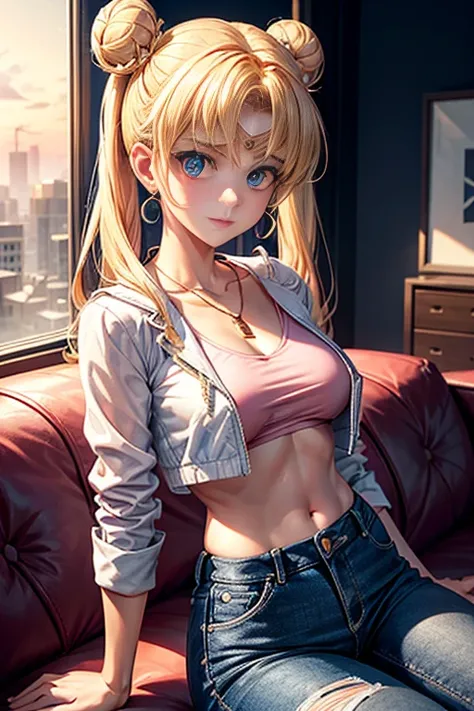 score_9, score_8_up, score_7_up, score_6_up, sailor moon, blonde hair, blue eyes, double bun, hair bun, hair ornament, long hair, twintails, parted bangs,, pink cropped jacket, pink jeans, braless, no bra, open jacket, white shirt, short sleeves, necklace,...