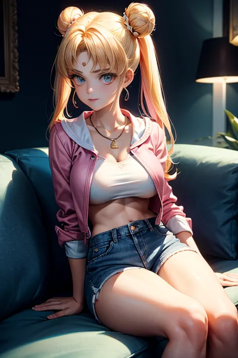 score_9, score_8_up, score_7_up, score_6_up, sailor moon, blonde hair, blue eyes, double bun, hair bun, hair ornament, long hair, twintails, parted bangs,, pink cropped jacket, pink jeans, braless, no bra, open jacket, white shirt, short sleeves, necklace,...