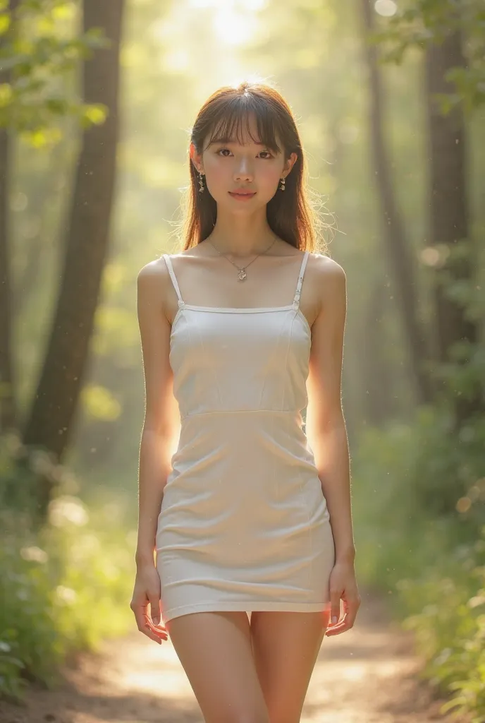 Photorealistic，Ultra high definition，Highest quality，Best Quality，8k，RAW Photos，Super detailed，Ultra-high resolution，(Amazingly cute Japanese real girl)，whole body，1 person，Facing forward，Early morning in the forest，Bright sunlight pours in，Backlight，White...