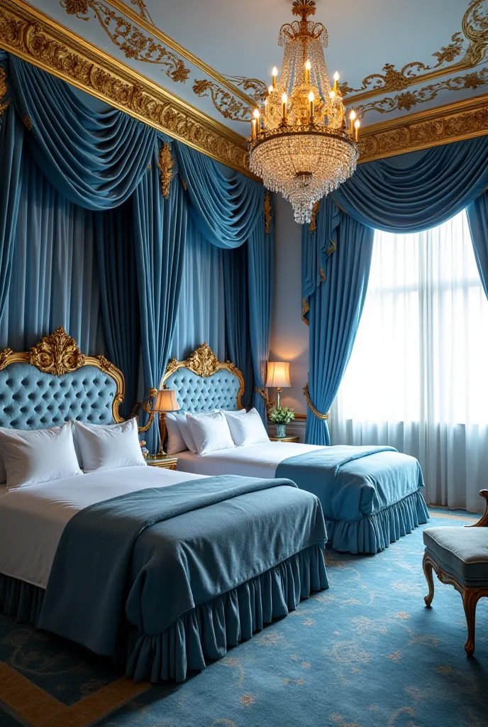 A luxurious room, decorated predominantly in blue and gold. Two beds with ornate headboards and draped curtains create a princess-like atmosphere.  The crystal chandelier , the detailed furniture and the plush carpet complete the sophisticated and romantic...