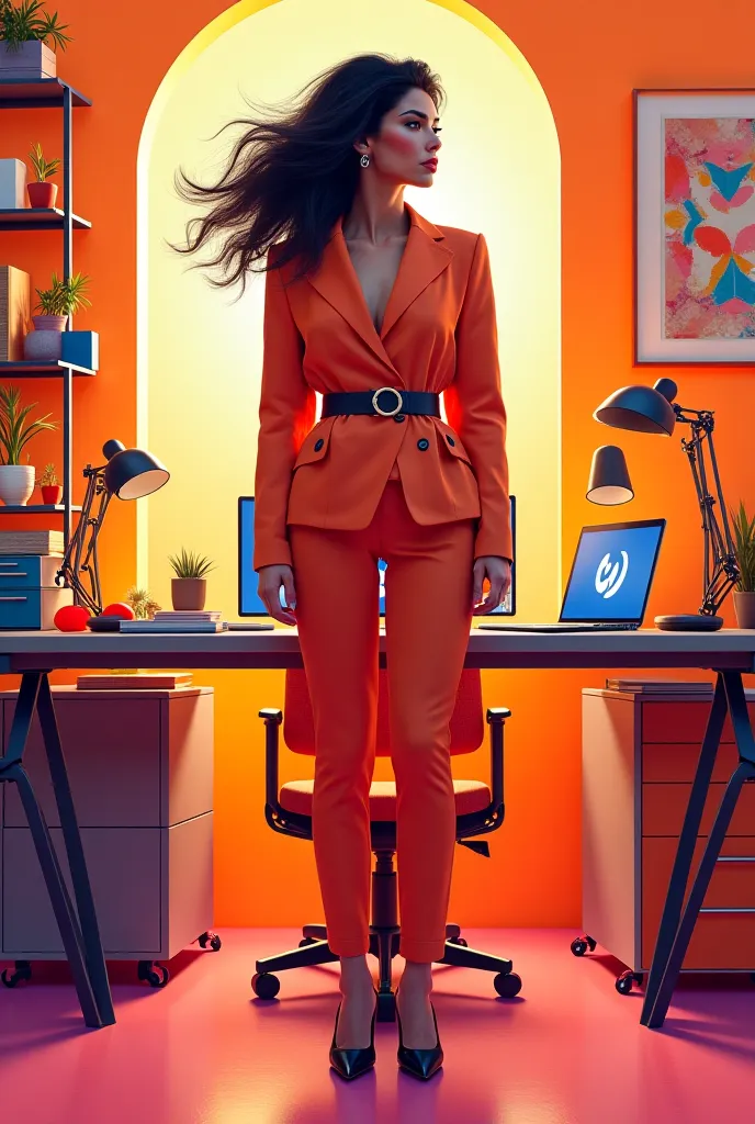 A stunning, powerful woman in a creative office, wearing a bold outfit, radiating energy and authority.