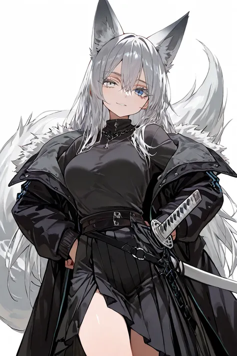 fox girl, fox ears, fox teils, grey hair, long hair, hair between eyes, Bangs Tail, long coat, half skirt,  Japanese sword, 1girl,  parka, off shoulder, beautiful eye,(grey eye:1.5),(blue eye:1.3) HD, high resolution, UHD, top quality, masterpiece, high re...