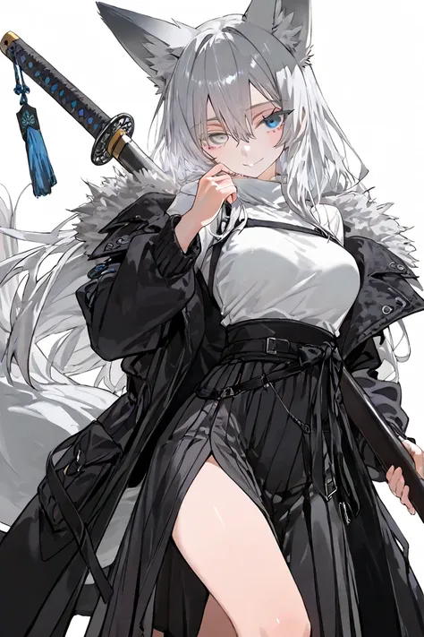 fox girl, fox ears, fox teils, grey hair, long hair, hair between eyes, Bangs Tail, long coat, half skirt,  Japanese sword, 1girl,  parka, off shoulder, beautiful eye,(grey eye:1.5),(blue eye:1.3) HD, high resolution, UHD, top quality, masterpiece, high re...