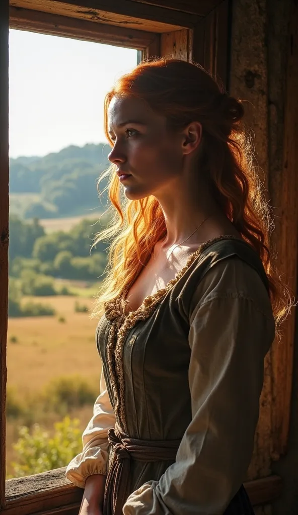 A young woman with auburn hair, dressed in medieval or rustic clothing, stands near a wooden window, gazing outside at a vast countryside with rolling green hills and golden fields. The sunlight filters through the window, casting a warm glow on her though...