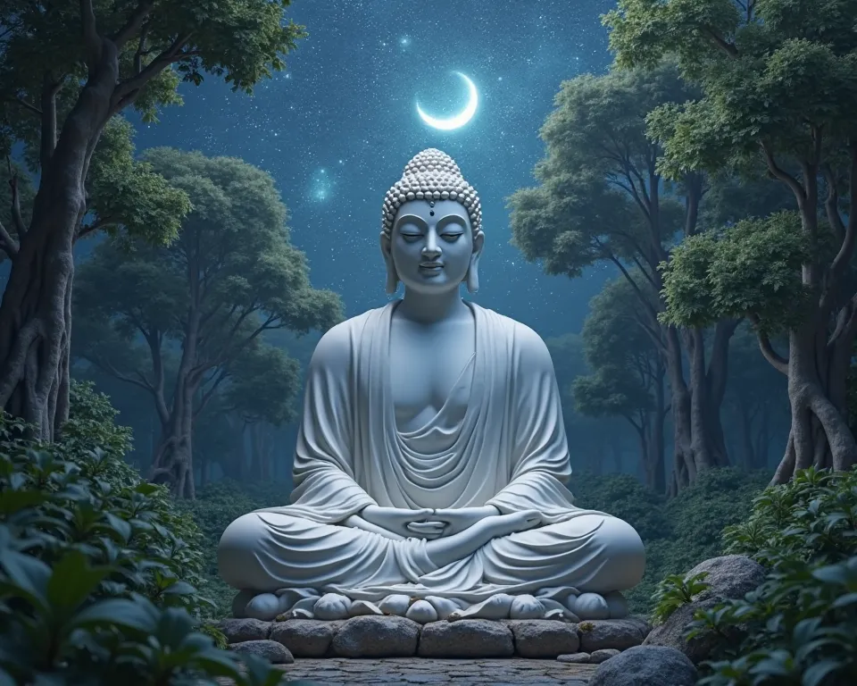 A large white Buddha statue meditating in peace in the forest, under the stars and moonlight at night.