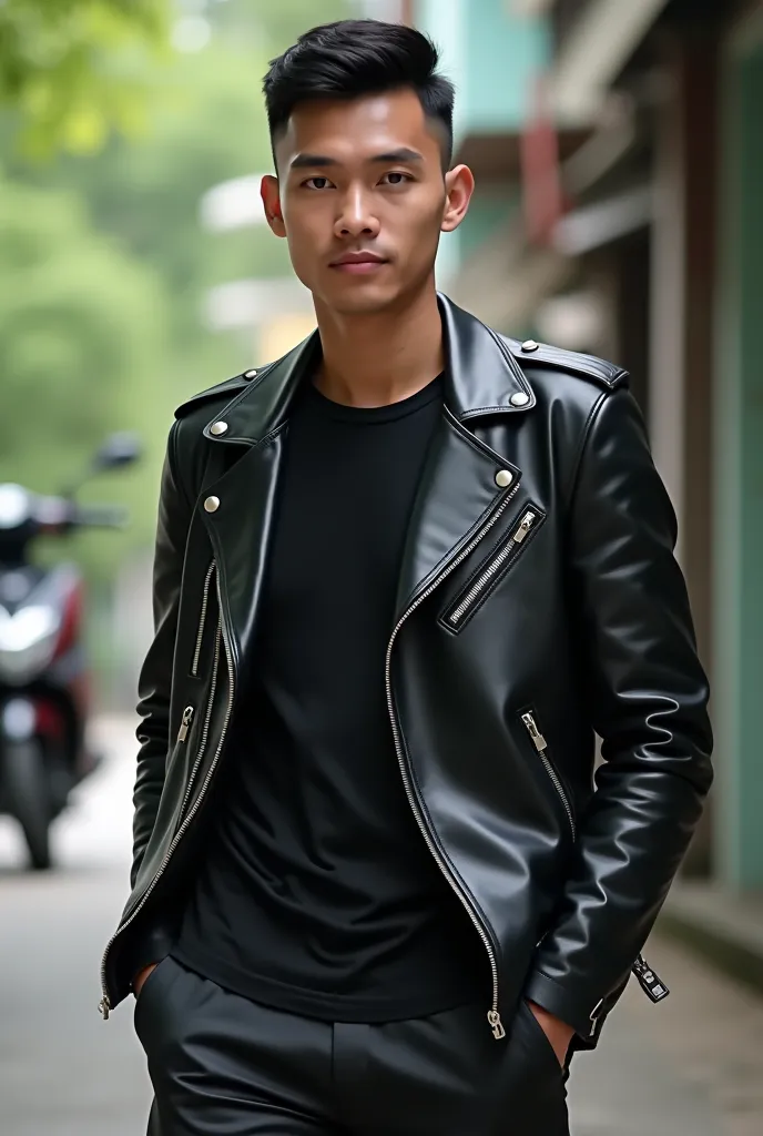 man wearing black t-shirt, shiny black leather jacket and trousers, weight 70kg, short black buzz cut hair, Indonesian face, handsome man, looking straight ahead, there is a motorbike,