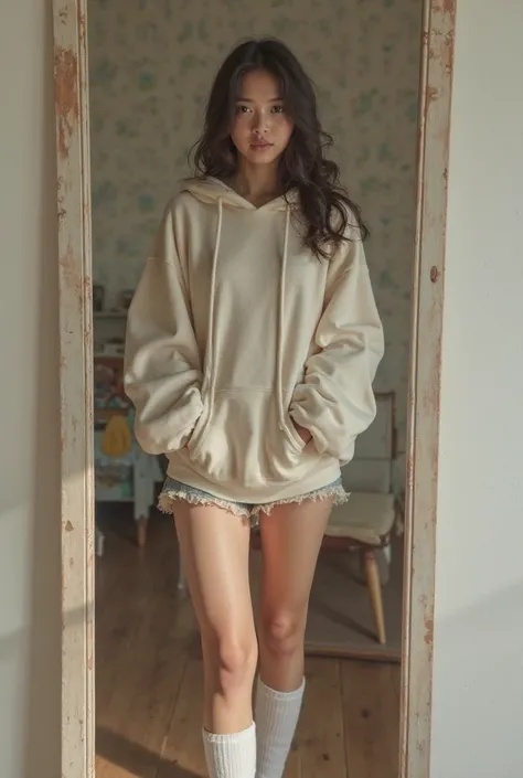 create a mirror selfie full body no blurred background of a pretty girl with soft features wearing an oversized hoodie and small shorts with long socks