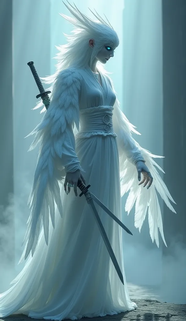 A hauntingly beautiful fusion of a Japanese samurai woman and a ghostly white parrot. Her body is now semi-transparent, blending into the mist, with delicate white and silver feathers covering her form. Her arms have transformed into elegant, spectral wing...