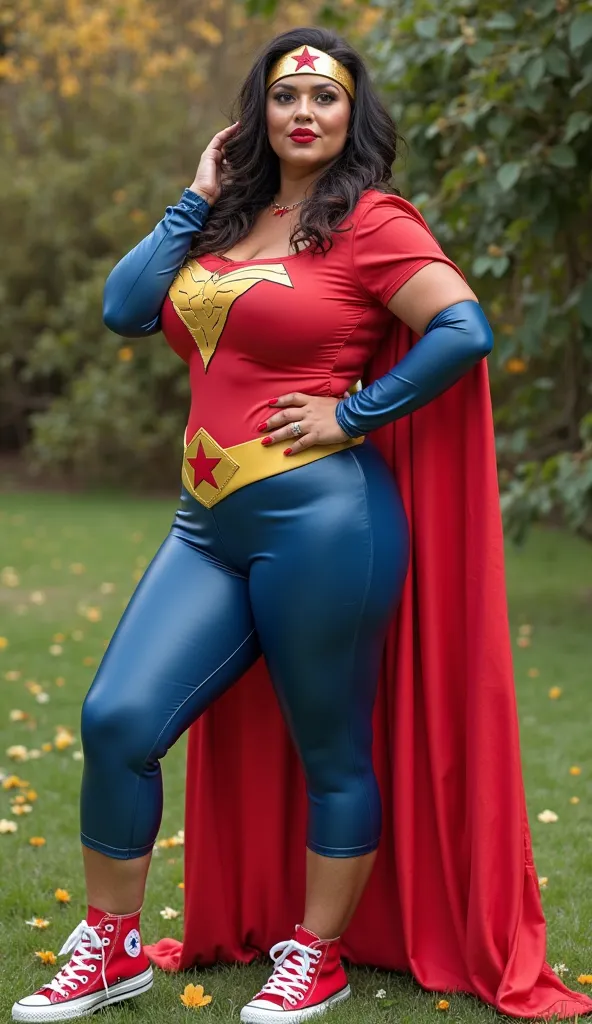 Super Woman, 50 years, chubby, Bella, Kisses to the camera, full body latex catsuit posing for full body photo, full body, She wears a superhero headband on her head, superhero latex catsuit, He's in the garden and Converse All Star Taylor Chuck red sneake...