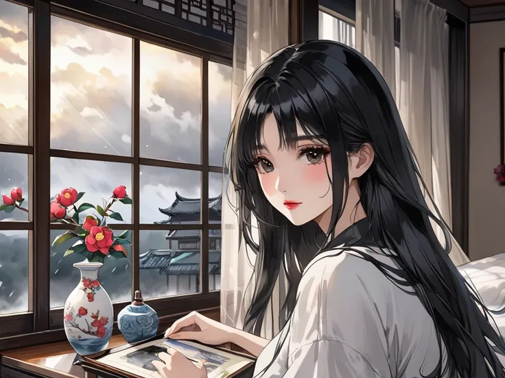  The combination of ink and watercolor painting、woman with beautiful oriental face、 shiny black hair long drop, dark black eyes 、Camellia Inn、  outside of the heavy rain sky window, closed window, Dark Clouds 、 best quality、Masterpiece、bedroom, vase, photo...