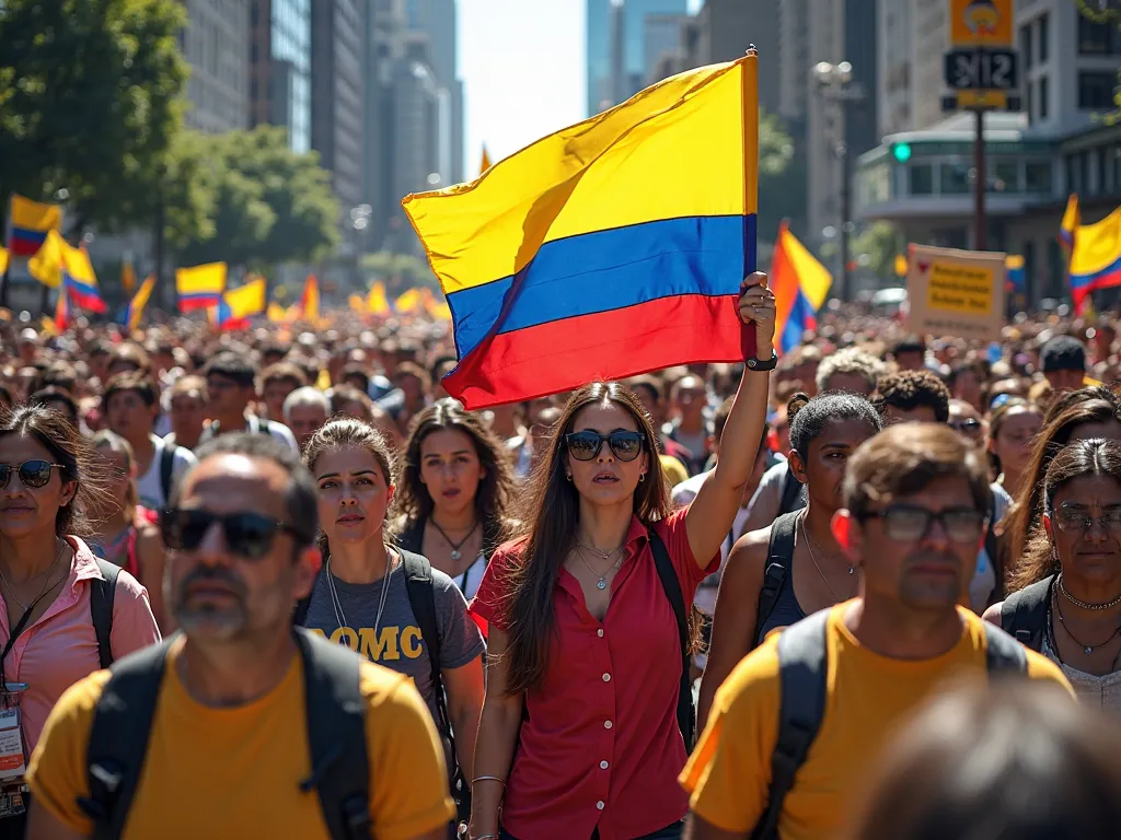 People marching with the Colombian flag 