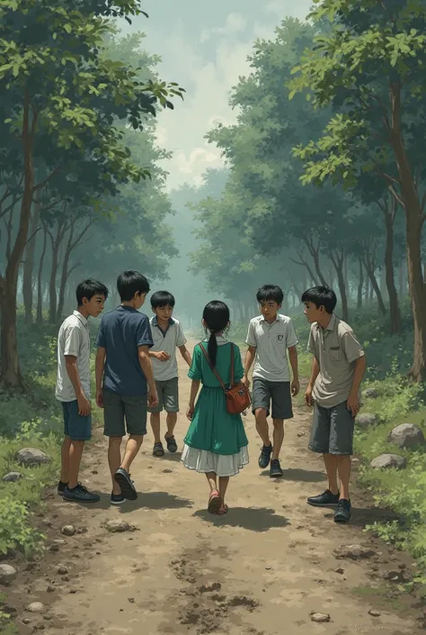 Five boys attack one girl she wearing green traditional college dress and she walking on mud road taht place no house only trees have college bag and id card