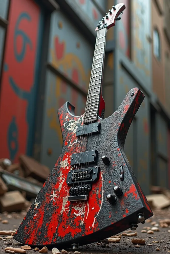 Make a unique guitar in the style of Van Halen's guitar mixed with that of Zakk Wylde and Dimebag in an anarchist style her neck looks like a BC RICH