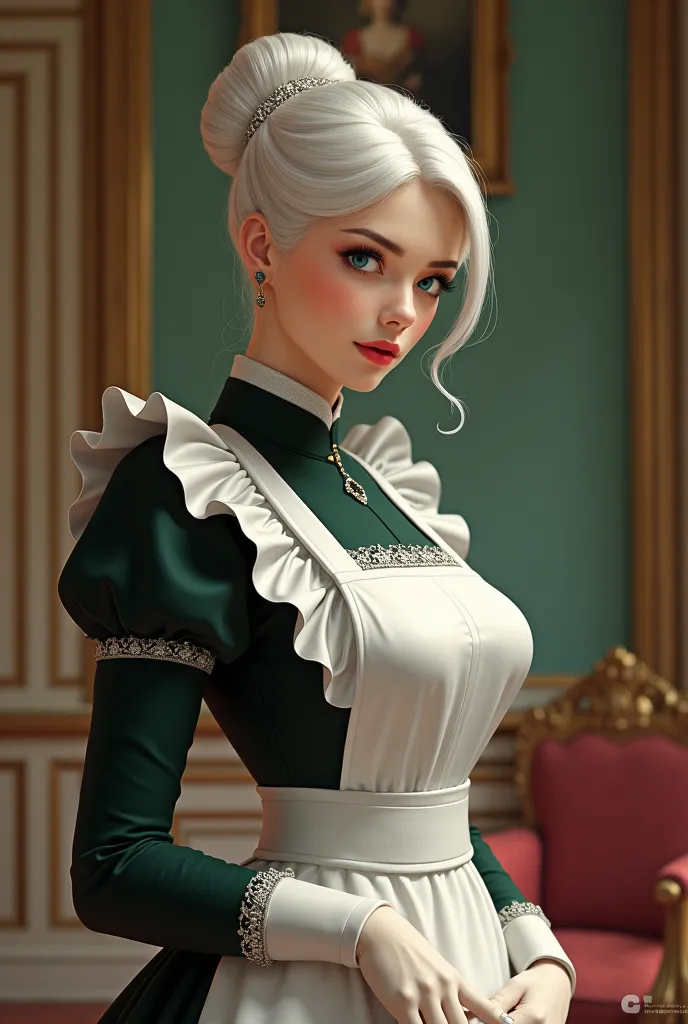 A 31-year-old woman with white hair tied in a bun at the back and a strand of hair in front of her face, emerald green eyes, fair skin, wearing a maid's uniform as a housekeeper. 