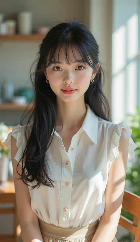  Japanese Young Woman 、Hanako Hashimoto、Around 20 years old、white skin with a sense of transparency、 big round eye 、 black hair straight long 、 has bangs、natural makeup、smile。wearing a white blouse and skirt、The background is a cafe with natural light、Brig...