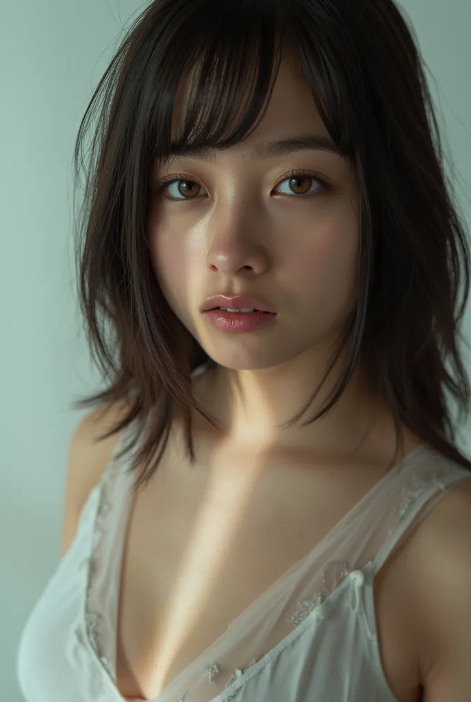 Perfect anatomy, masterpiece, top quality, ultra-realistic, 16K HDR, great lighting, Japanese actress Kanna Hashimoto, swimsuit with little fabric, clear cleavage, excellent skin texture and armpit wrinkles,