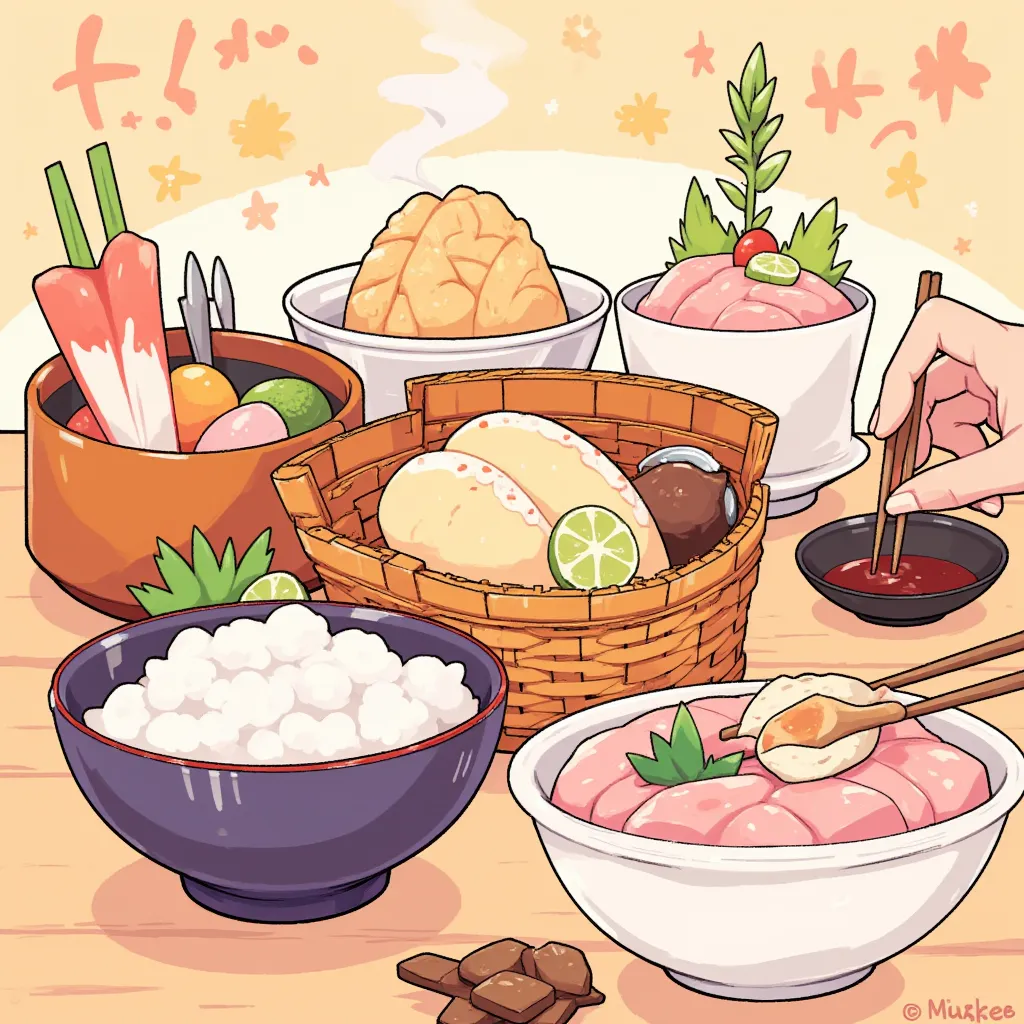 Sashimi and rice、are on the table、Each part isn't too complicated 、 Each part is large and easy to understand pattern、Clear Colours 、A clear pattern、Thick Line、 hand-drawn illustration、Simple lines、A clear line、2D illustration、背景もClear Colours をしている。絵柄はA c...