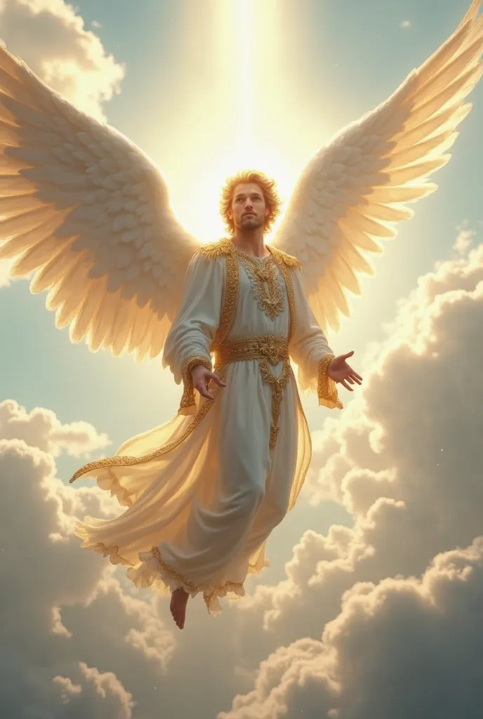 A majestic angel with large, shiny wings, made of white and gold feathers, floating in the sky among sunlit clouds. He wears a fluid and translucent robe, with golden details and a shining halo above his head. His eyes are serene and illuminated,  with a c...