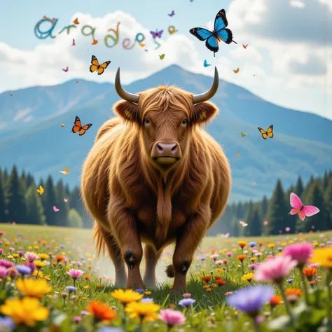 A majestic female Highland Cow with long really shaggy auburn fur. Smiling joyfully frolicking in a wide field of colorful wildflowers. Beautiful forrest mountains in the background. Running and skipping Happy, energetic, dynamic movement. A formation of c...