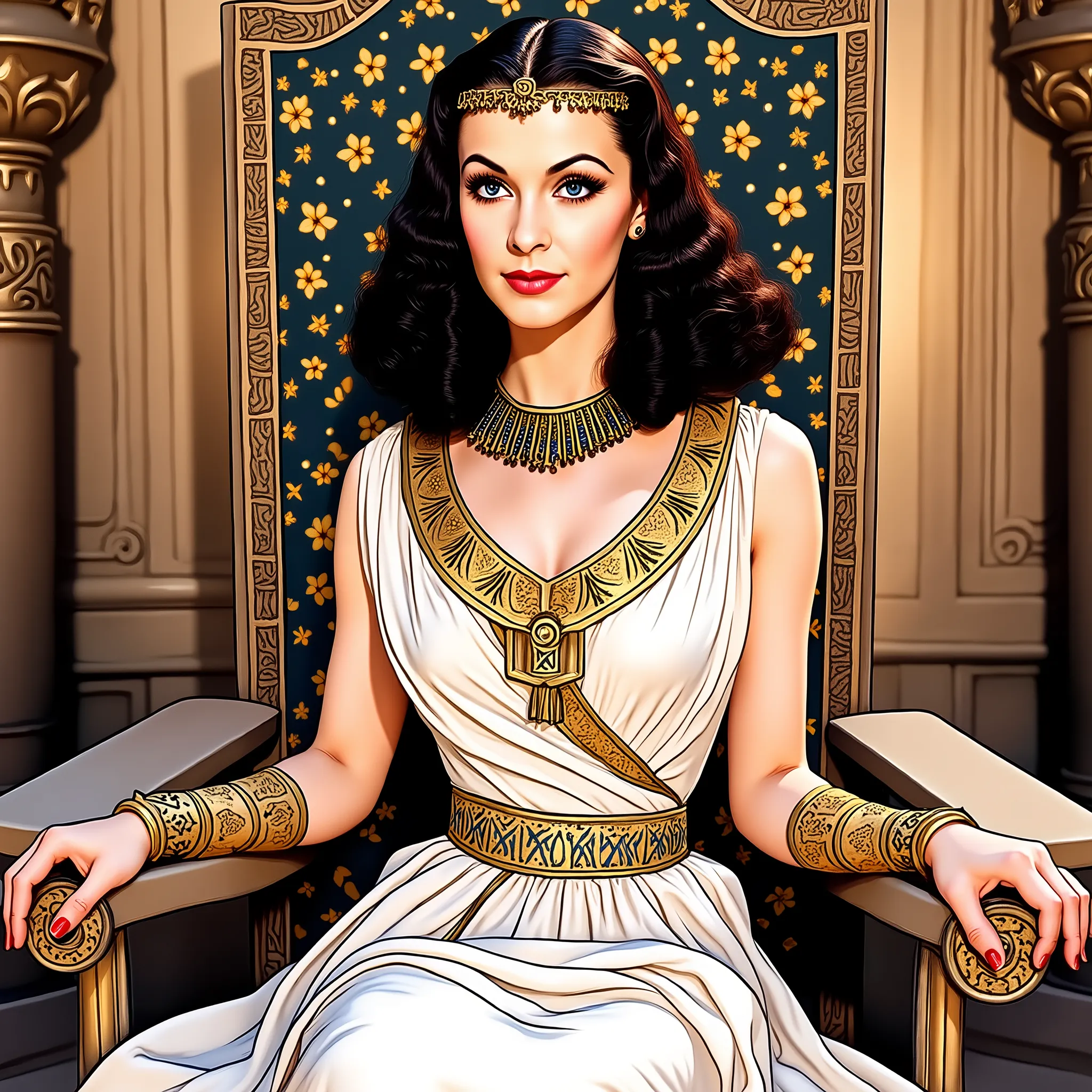 (masterpiece:1.2, Best Quality),8k, wallpaper,((american Comic art, thick outline, flat color:1.3)),(Vivien Leigh as Cleopatra), view from front, ((full body, sitting on the throne in ancient Egyptian palace)), perfect eye,detailed face, kindly expression ...