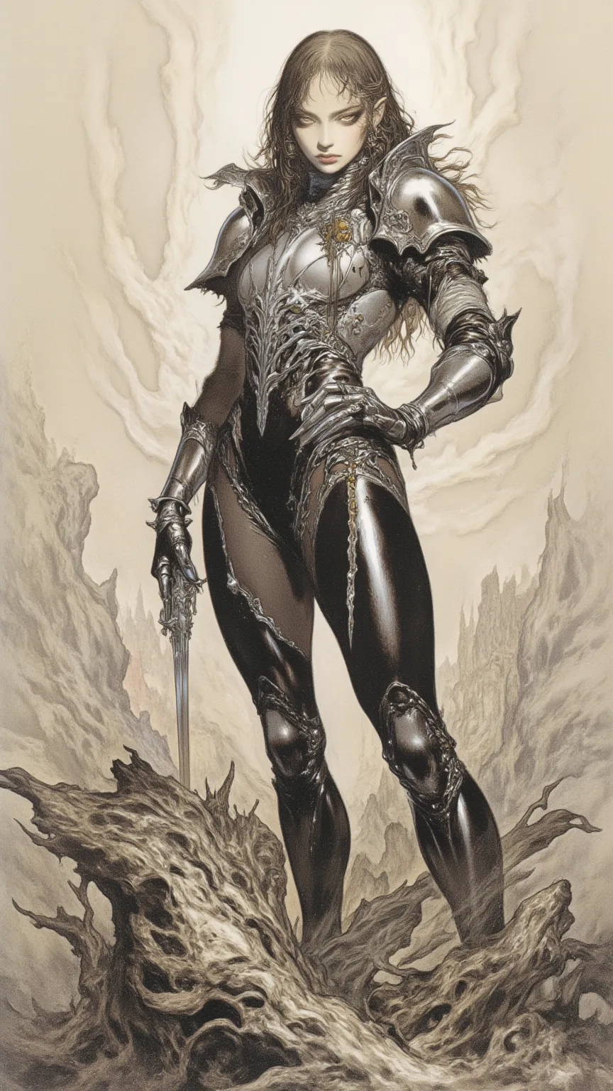 Female Knight，full body, a powerful sexy woman with a mysterious temperament ，Drawn by Wayne Reynolds，in a highly detailed and dynamic style, 