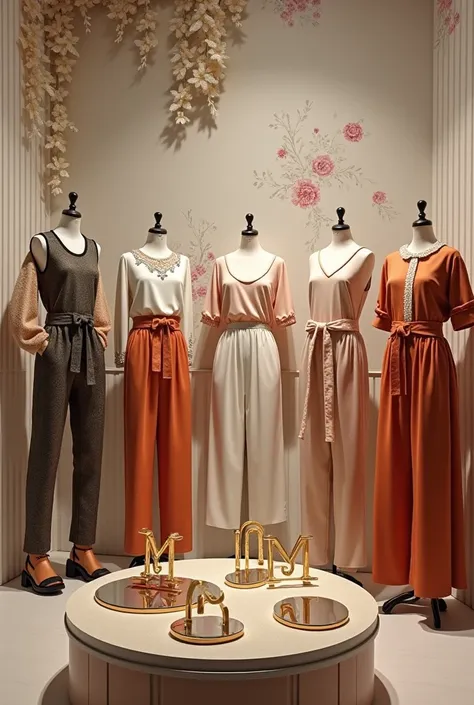  the varied garments of all models of women's clothing and youth, such as pants and blouses, skirts and initials with M spots & A
The clothes that are on mannequins and the letters that are on a round table and the wall background with flowers and a mirror