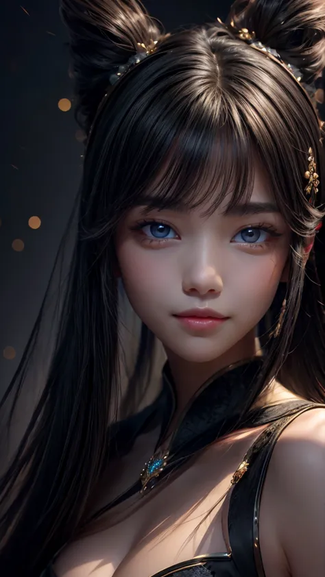 Surrounded by the darkness of the abyss, 、A captivating portrait with eyes filled with a soft light. 。Flowing black hair and a delicate expression highlight 、a mysterious beauty. 。A moment where strength and elegance resonate in silence.。A precise and real...