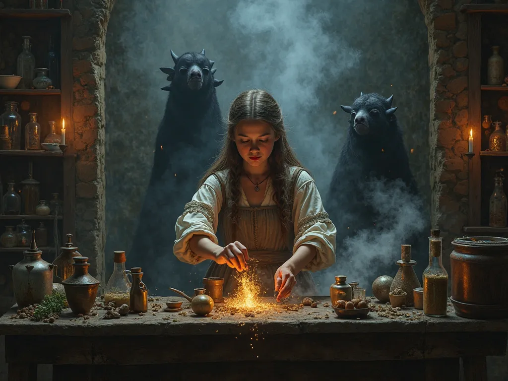 Night,   medieval, , a young peasant girl in old peasant clothes in an alchemy laboratory, smoke is spreading,    Masterpiece , concept art,  medium plan, panoramic,  alchemy lab interior,   mythical  ,   fantasy theme  , girl in the role of an alchemist, ...