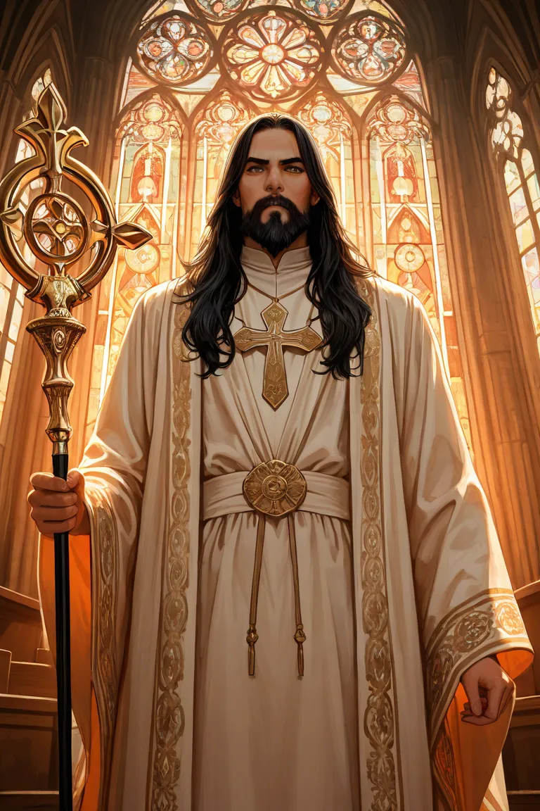 black haired ,medival man, long beard ,dressed like a priest, 