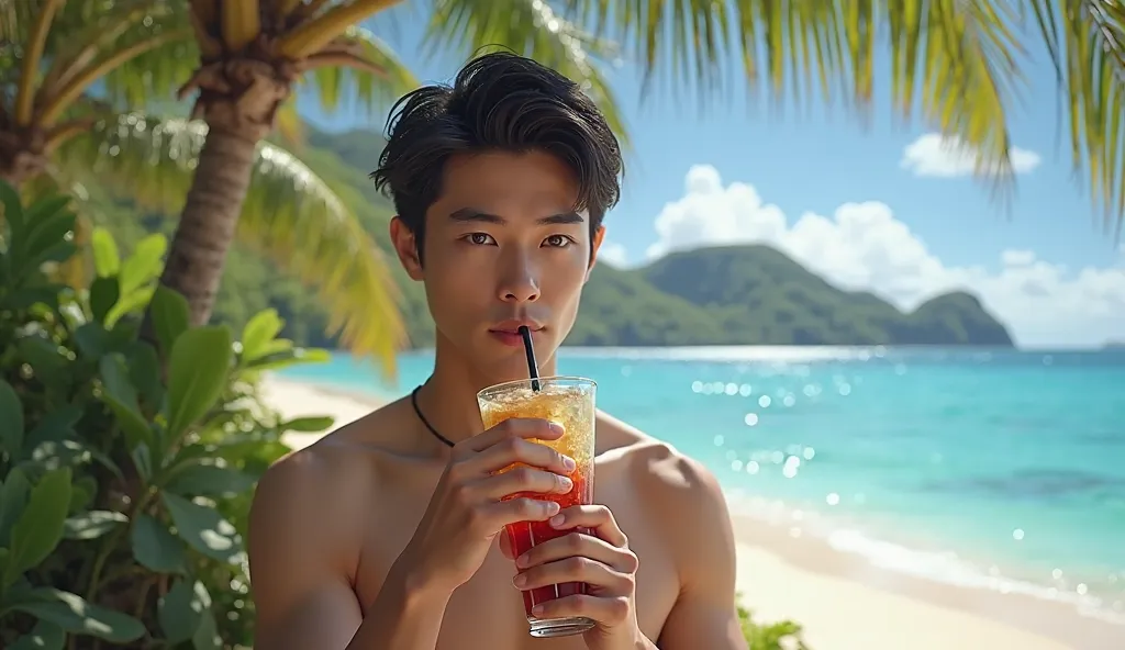 ((photorealism:1.2), very Handsome japanese man, 22-27 year-old, travel in Thailand Koh Samui, drinking 