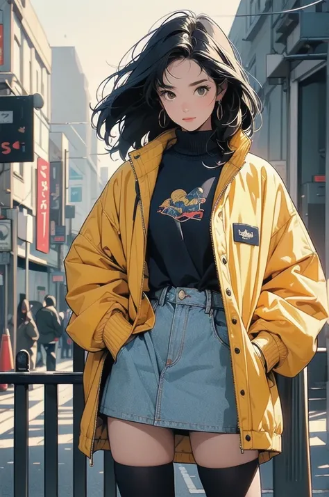 A young Asian woman, likely a ager, is depicted in a full shot. She is positioned slightly to the left of center in the image.  She is wearing a navy blue blazer jacket over a mustard yellow hoodie with a small, rectangular graphic design.  She's also wear...