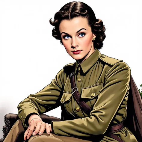 (masterpiece:1.2, Best Quality),8k, wallpaper,((american Comic art, thick outline, flat color:1.3)),(Vivien Leigh as U.K. army soldier), view from front, ((full body, sitting)), perfect eye,detailed face, kindly expression ,