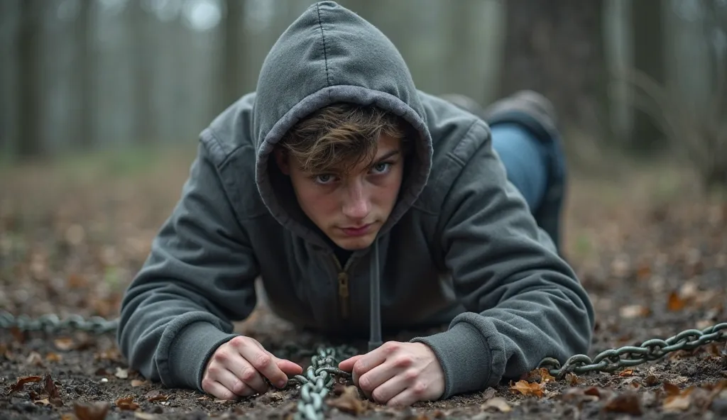 A young man tied to the ground by several iron chains, seen from afar, wearing a hooded sweatshirt and he tries very hard to free himself.