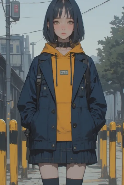  A young Asian woman, likely a ager, is depicted in a full shot. She is positioned slightly to the left of center in the image.  She is wearing a navy blue blazer jacket over a mustard yellow hoodie with a small, rectangular graphic design.  She's also wea...